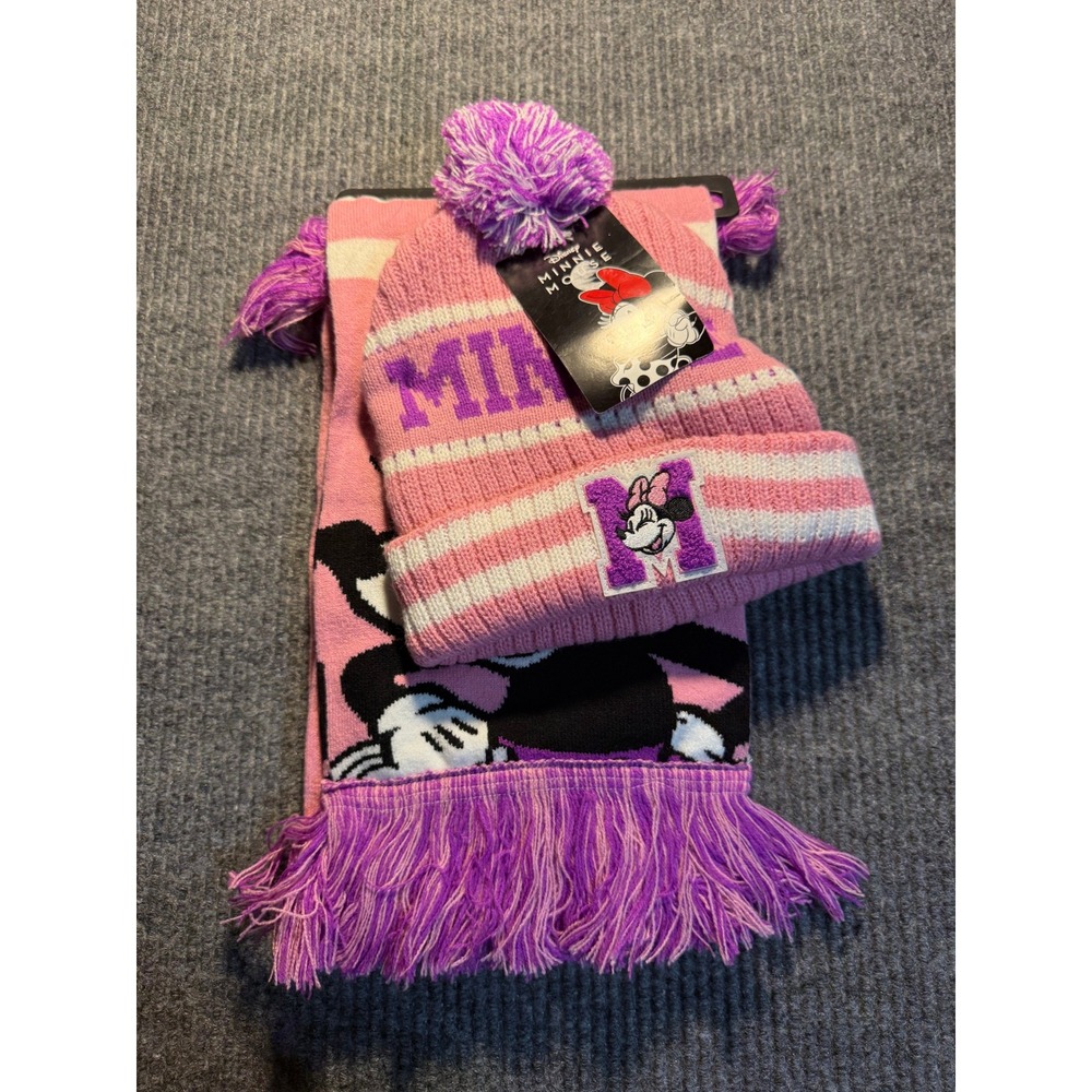 Disney Minnie Mouse Collegiate Pom Beanie and Scarf Set Pink Purple New NWT